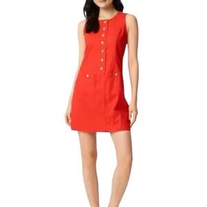 J Crew Red Linen Cotton Gold Button Front Mini Shift Dress Sleeveless Small 4